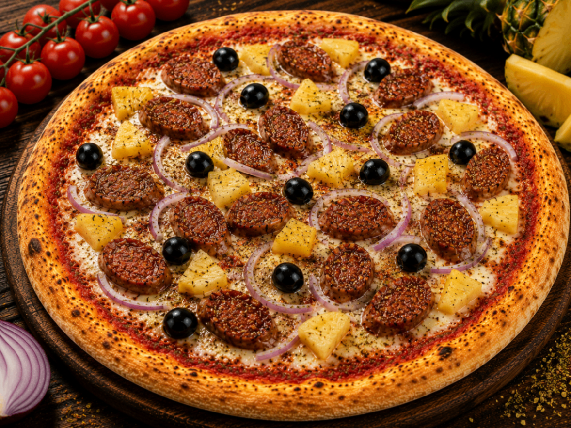Spéciale Ana — Tomate, fromage, merguez, ananas, oignon, origan, olives